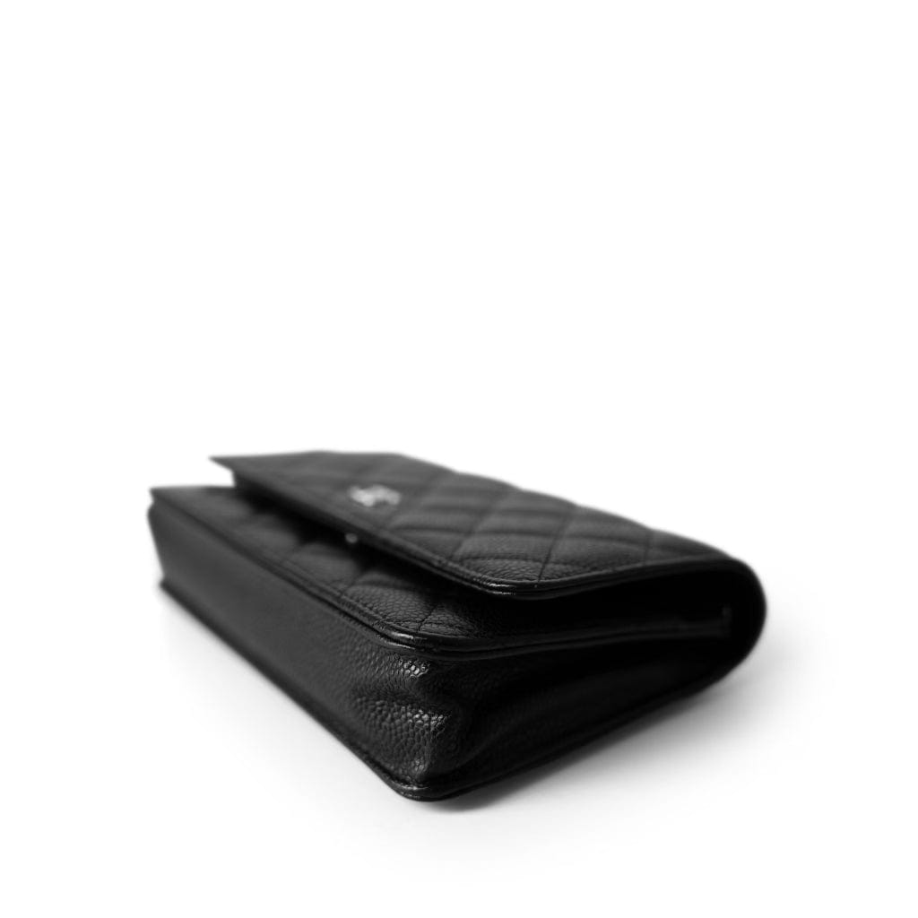Black Caviar Quilted Wallet on Chain Silver Hardware