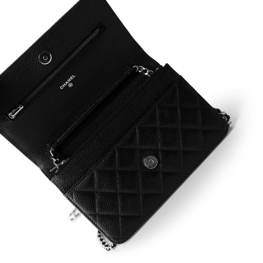Black Caviar Quilted Wallet on Chain Silver Hardware