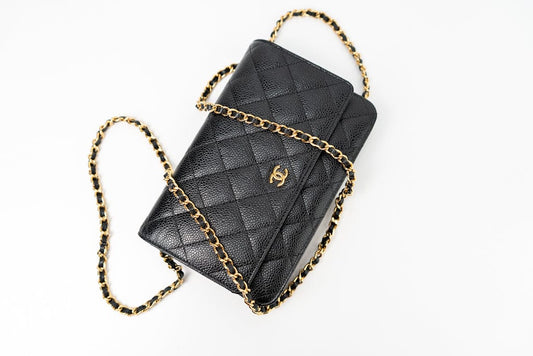 Black Caviar Quilted Wallet on Chain (WOC) GHW