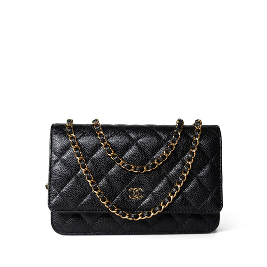Black Caviar Quilted Wallet on Chain WOC Gold Hardware