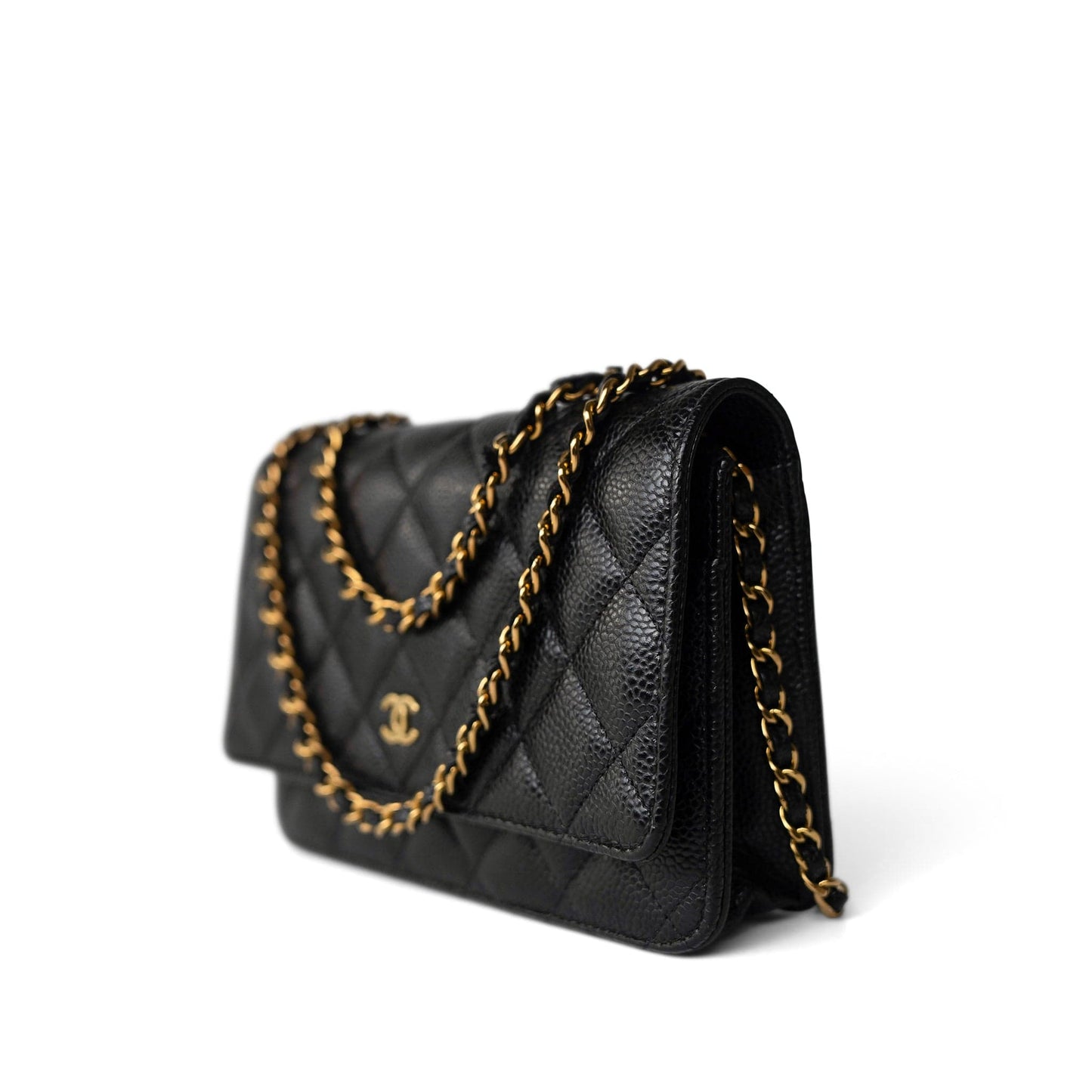 Black Caviar Quilted Wallet on Chain WOC Gold Hardware