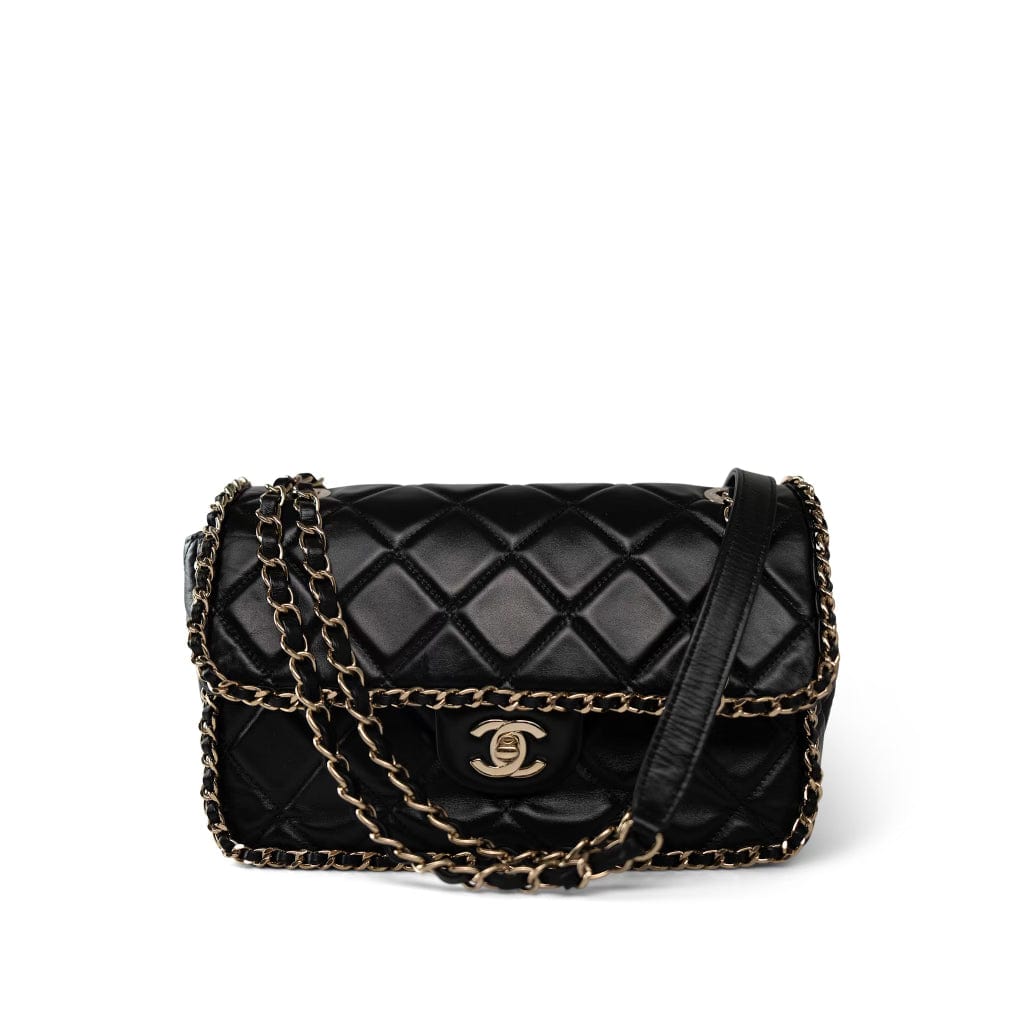 Black Crumpled Calfskin Medium Chain Around Flap Bag Light Gold Hardware