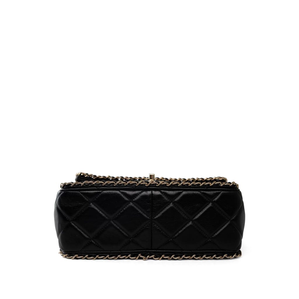 Black Crumpled Calfskin Medium Chain Around Flap Bag Light Gold Hardware