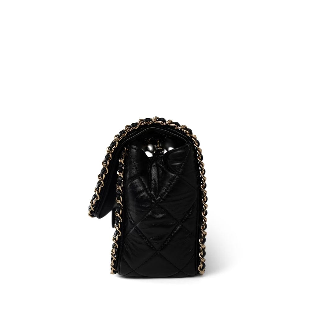 Black Crumpled Calfskin Medium Chain Around Flap Bag Light Gold Hardware