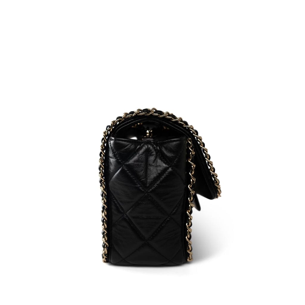Black Crumpled Calfskin Medium Chain Around Flap Bag Light Gold Hardware