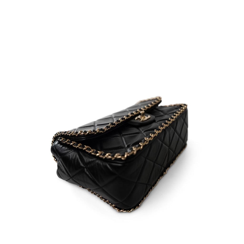 Black Crumpled Calfskin Medium Chain Around Flap Bag Light Gold Hardware