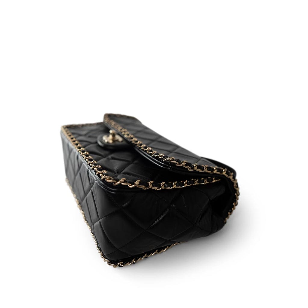 Black Crumpled Calfskin Medium Chain Around Flap Bag Light Gold Hardware