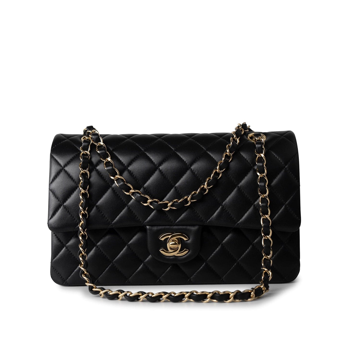 Black Lambskin Quilted Classic Flap Medium Light Gold Hardware