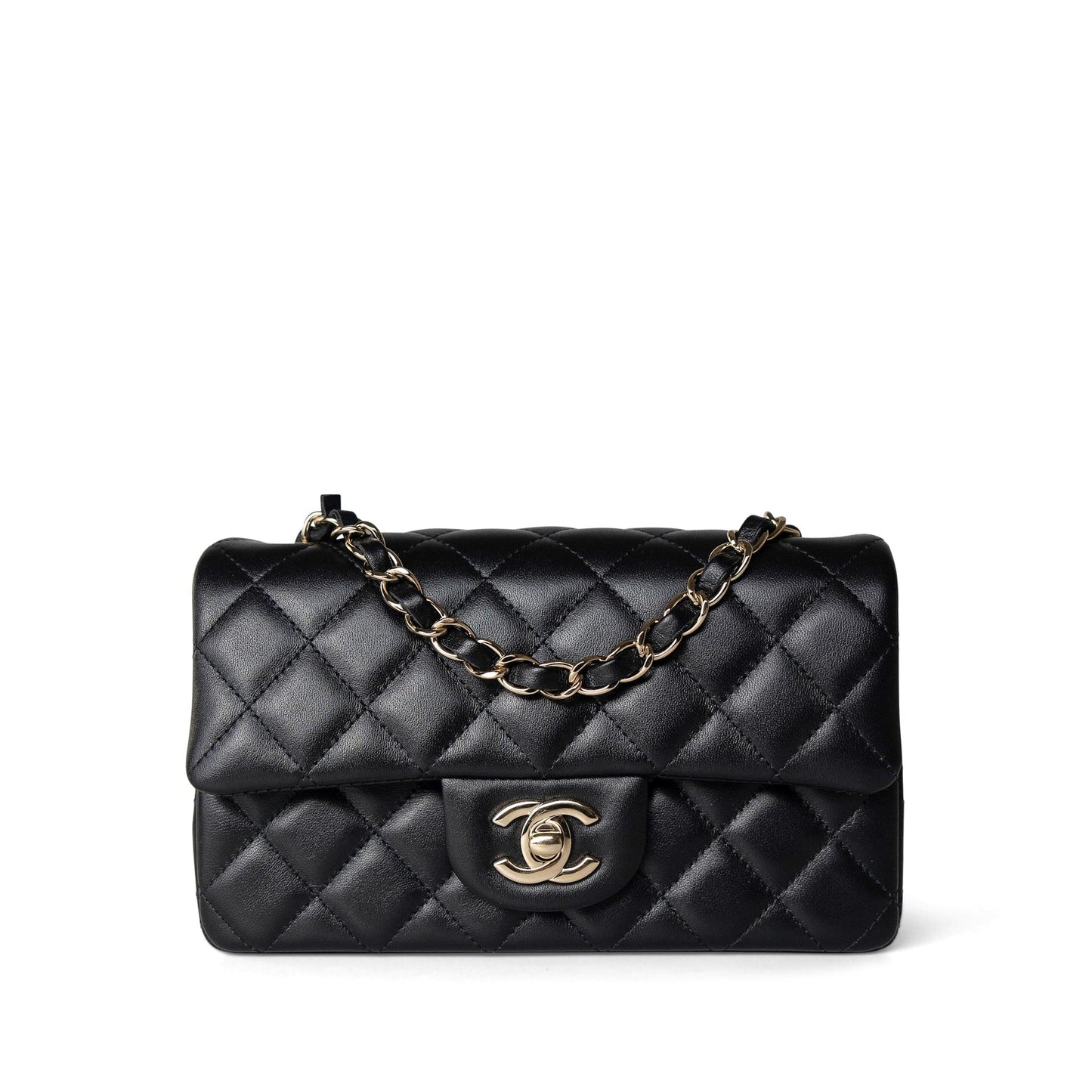 Black Lambskin Quilted Mini Rectangular Flap Light Gold Hardware