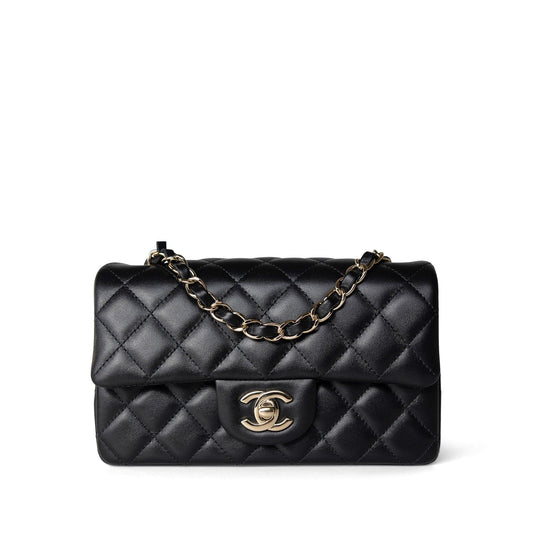Black Lambskin Quilted Mini Rectangular Flap Light Gold Hardware