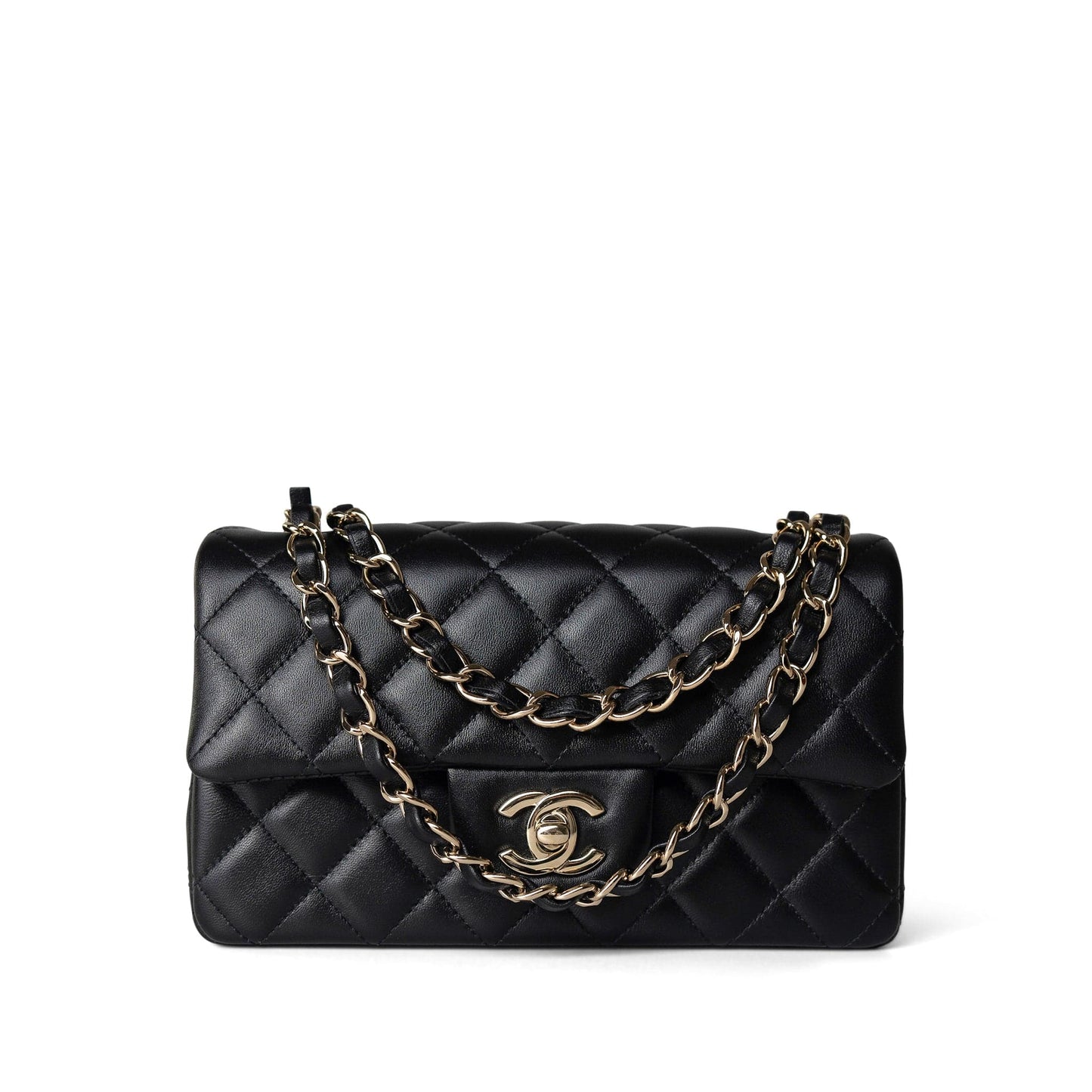 Black Lambskin Quilted Mini Rectangular Flap Light Gold Hardware