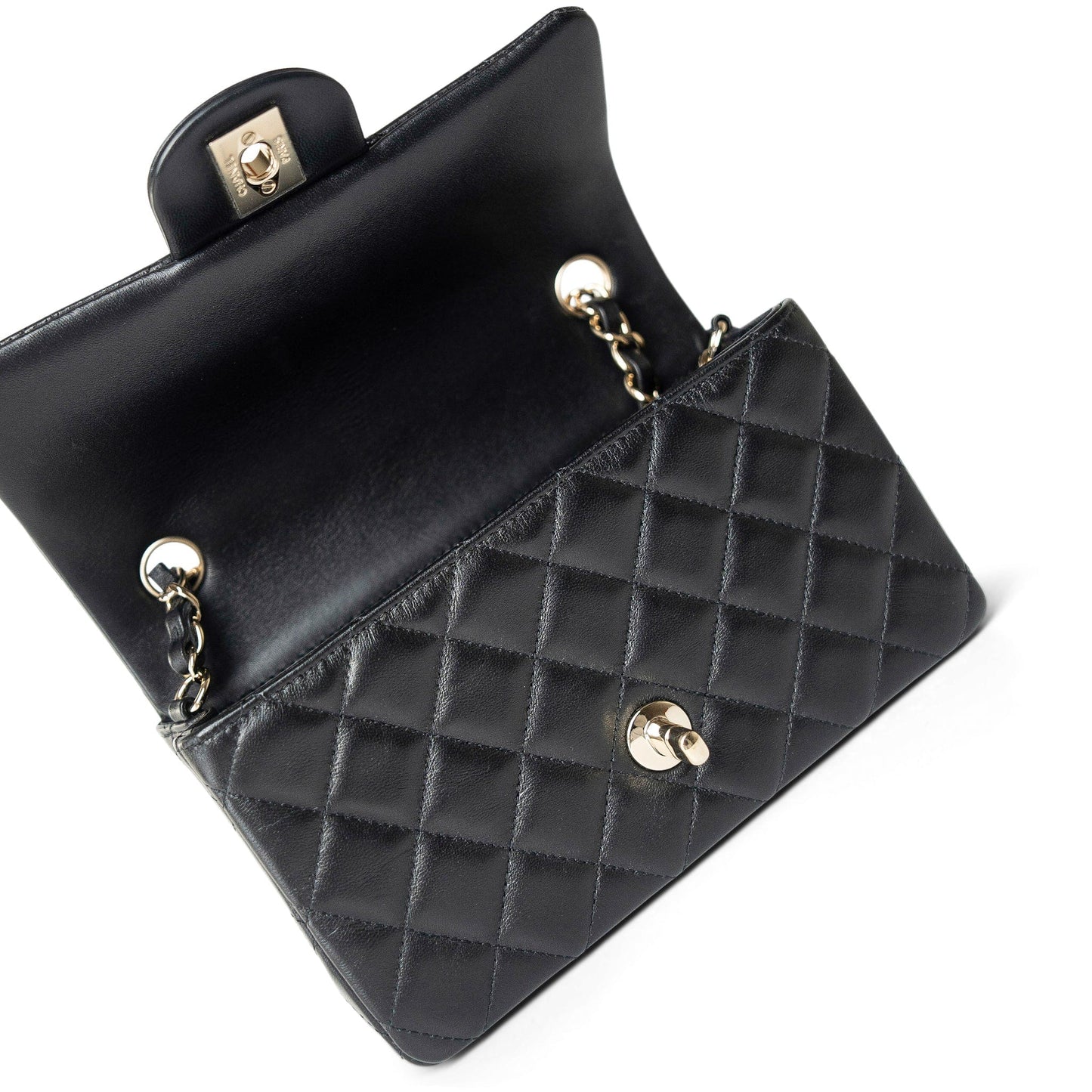 Black Lambskin Quilted Mini Rectangular Flap Light Gold Hardware