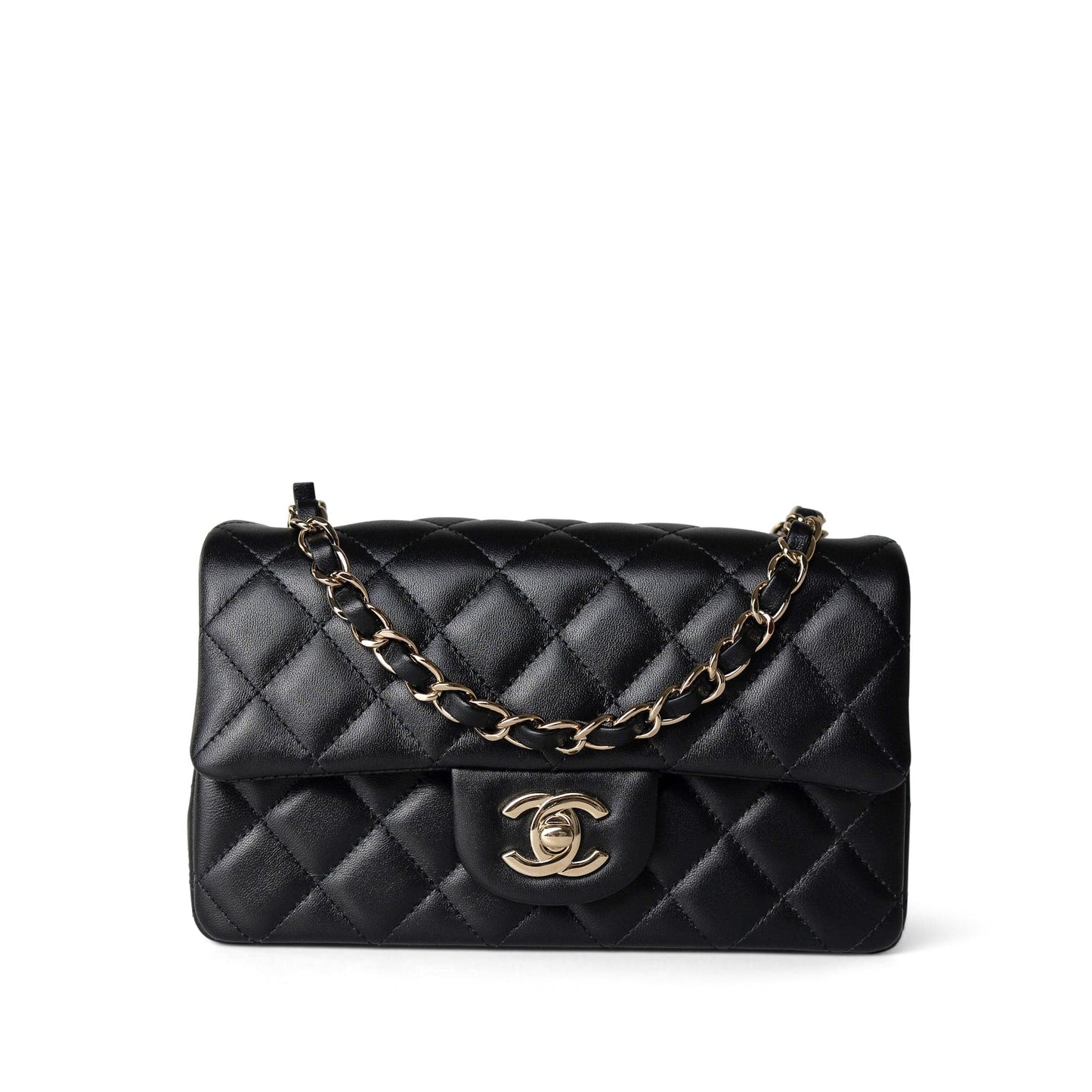 Black Lambskin Quilted Mini Rectangular Flap Light Gold Hardware