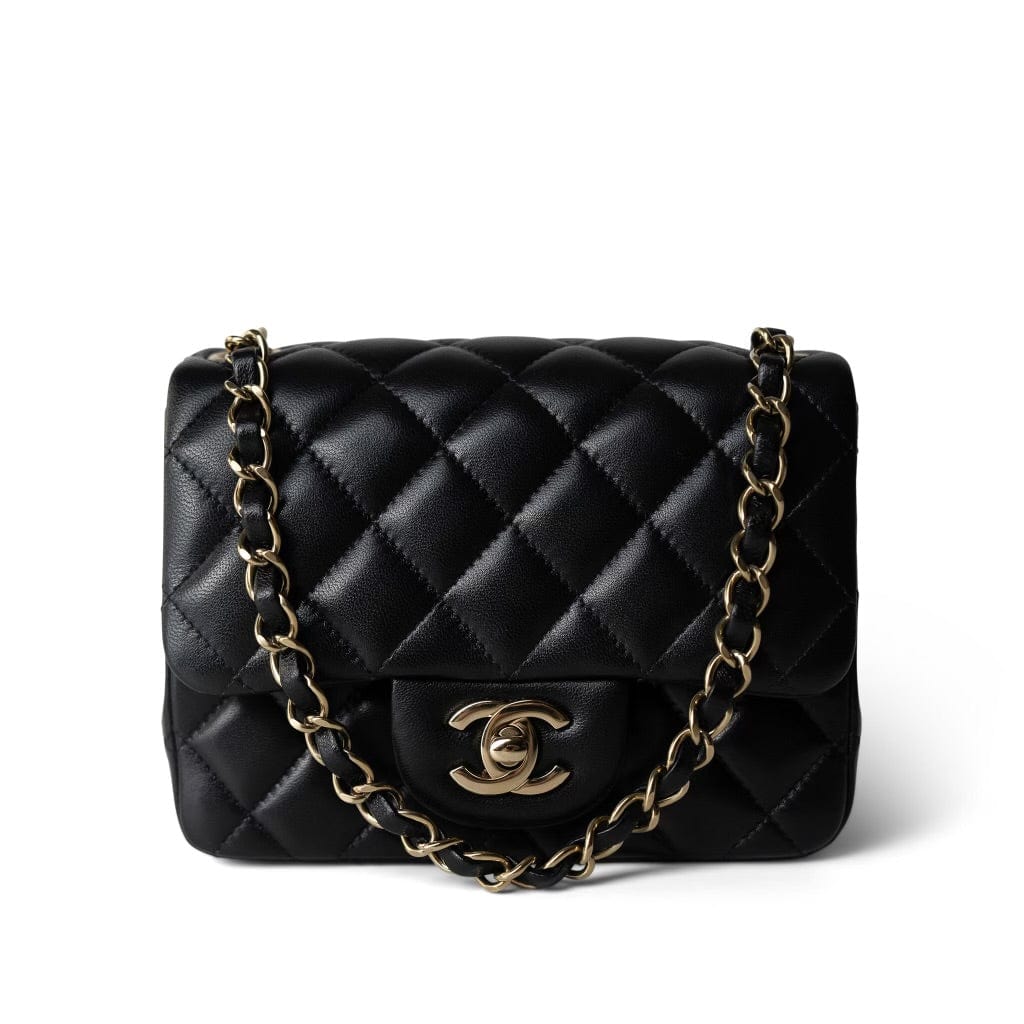 Black Lambskin Quilted Mini Square Flap Light Gold Hardware