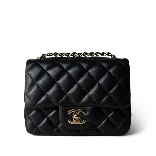 Black Lambskin Quilted Mini Square Flap Light Gold Hardware