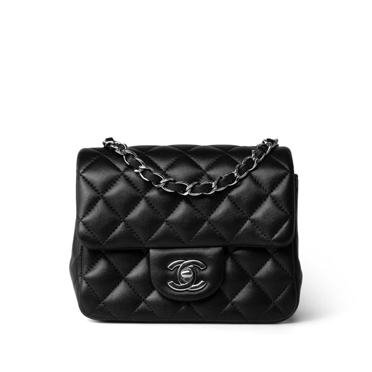 Black Lambskin Quilted Mini Square Flap Silver Hardware