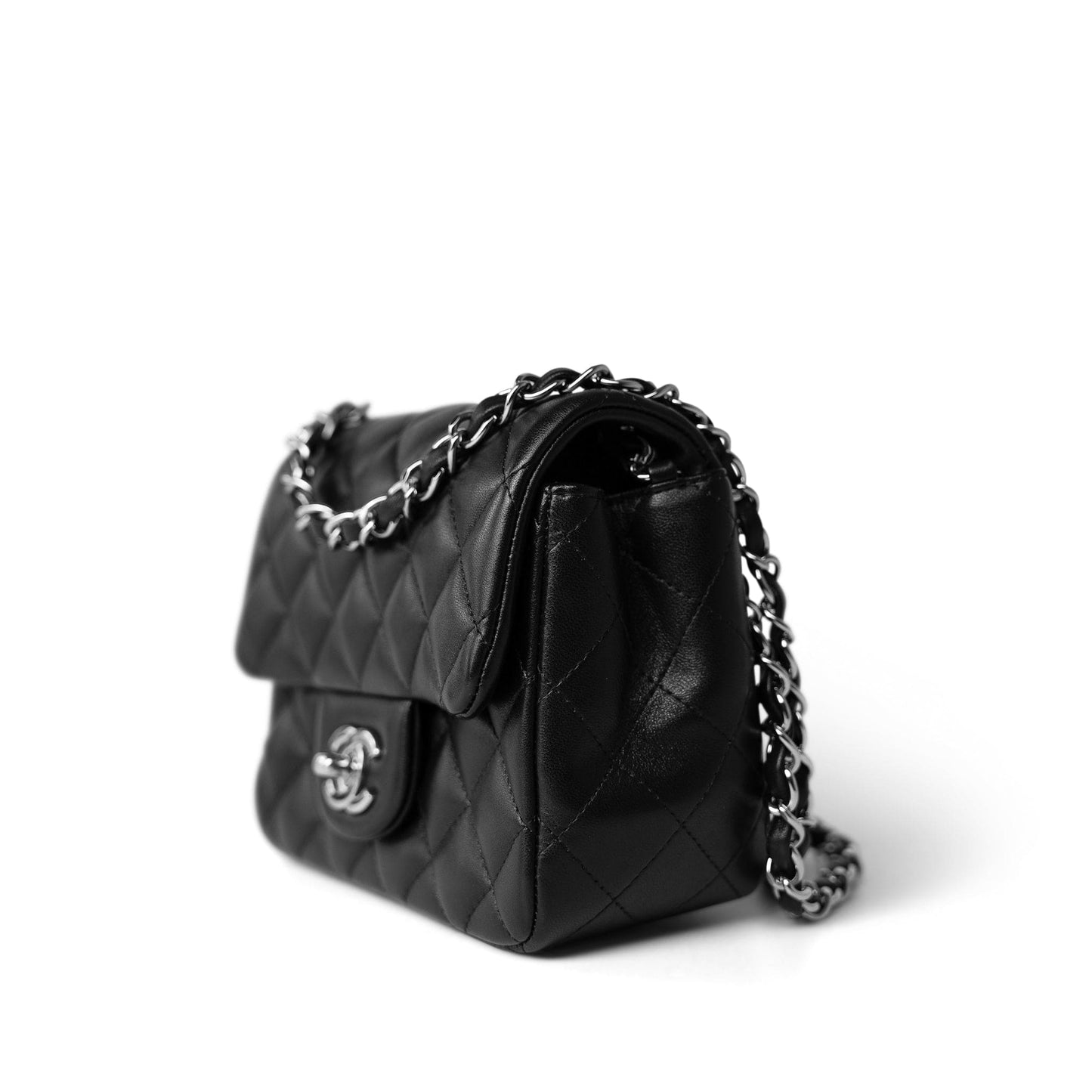 Black Lambskin Quilted Mini Square Flap Silver Hardware