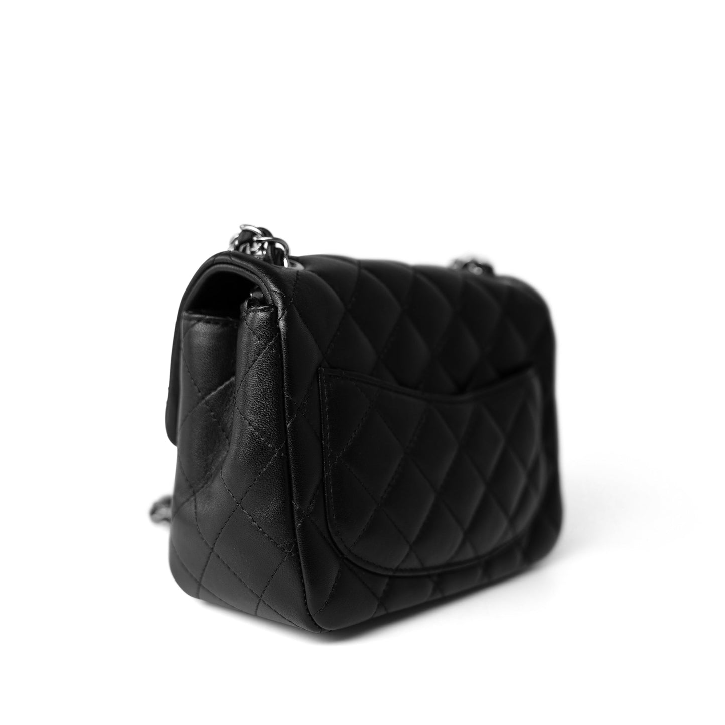 Black Lambskin Quilted Mini Square Flap Silver Hardware