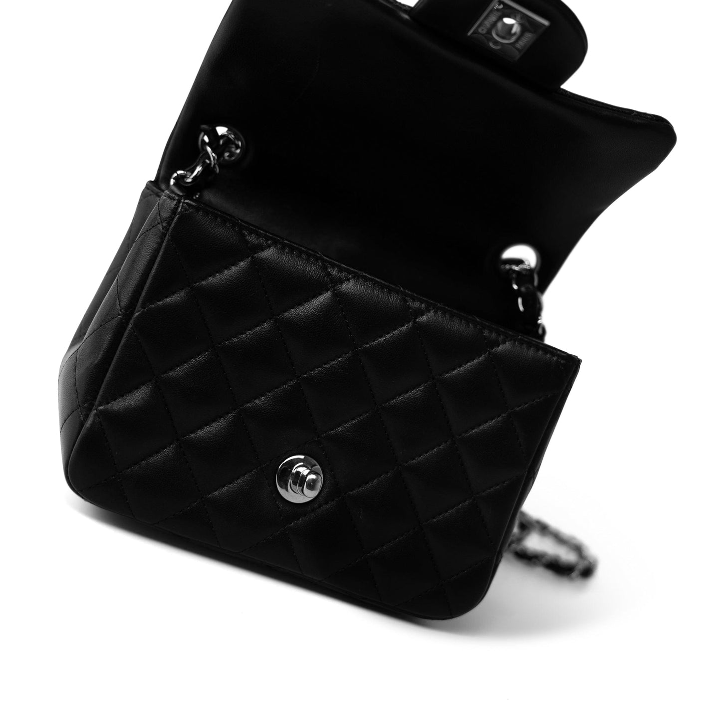 Black Lambskin Quilted Mini Square Flap Silver Hardware