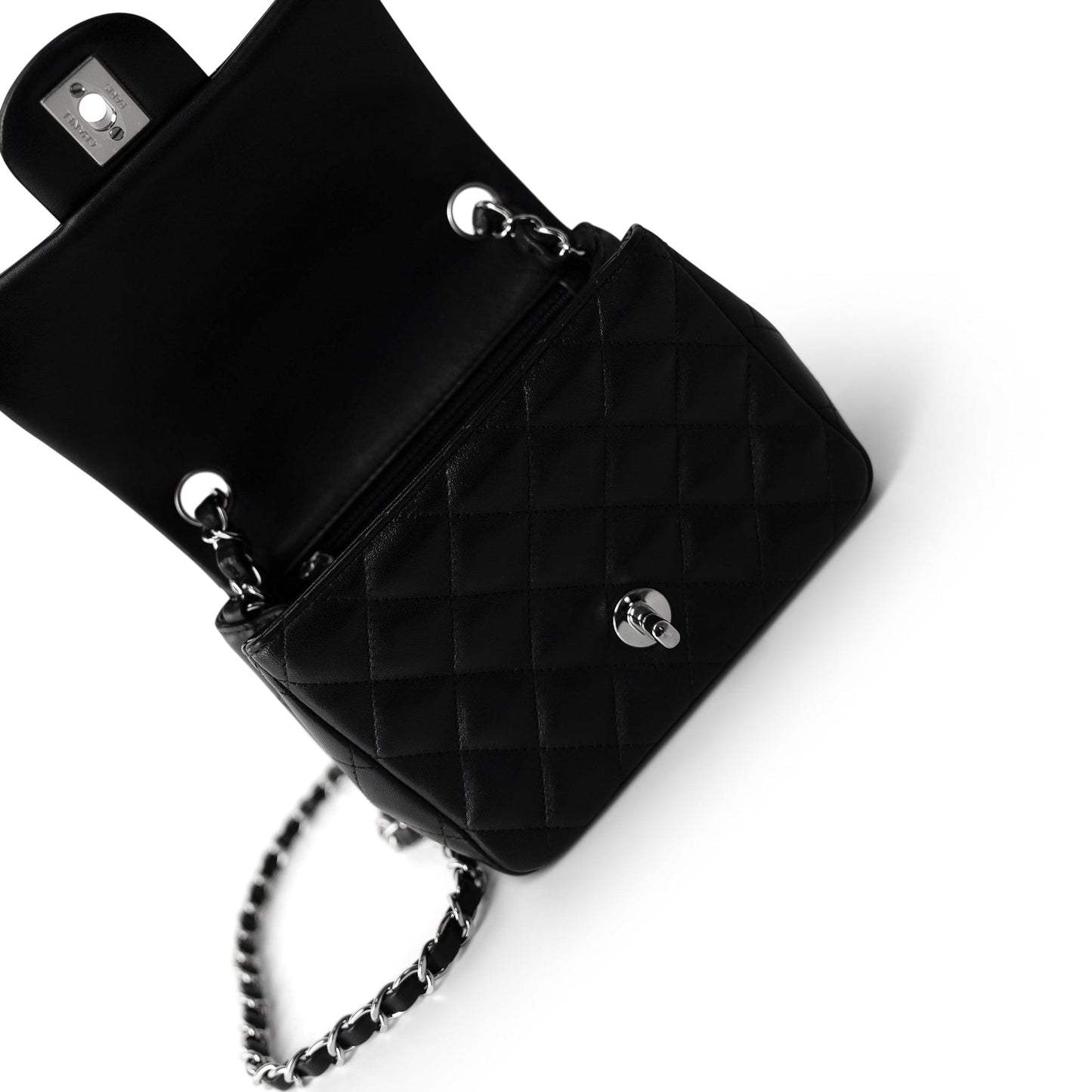 Black Lambskin Quilted Mini Square Flap Silver Hardware