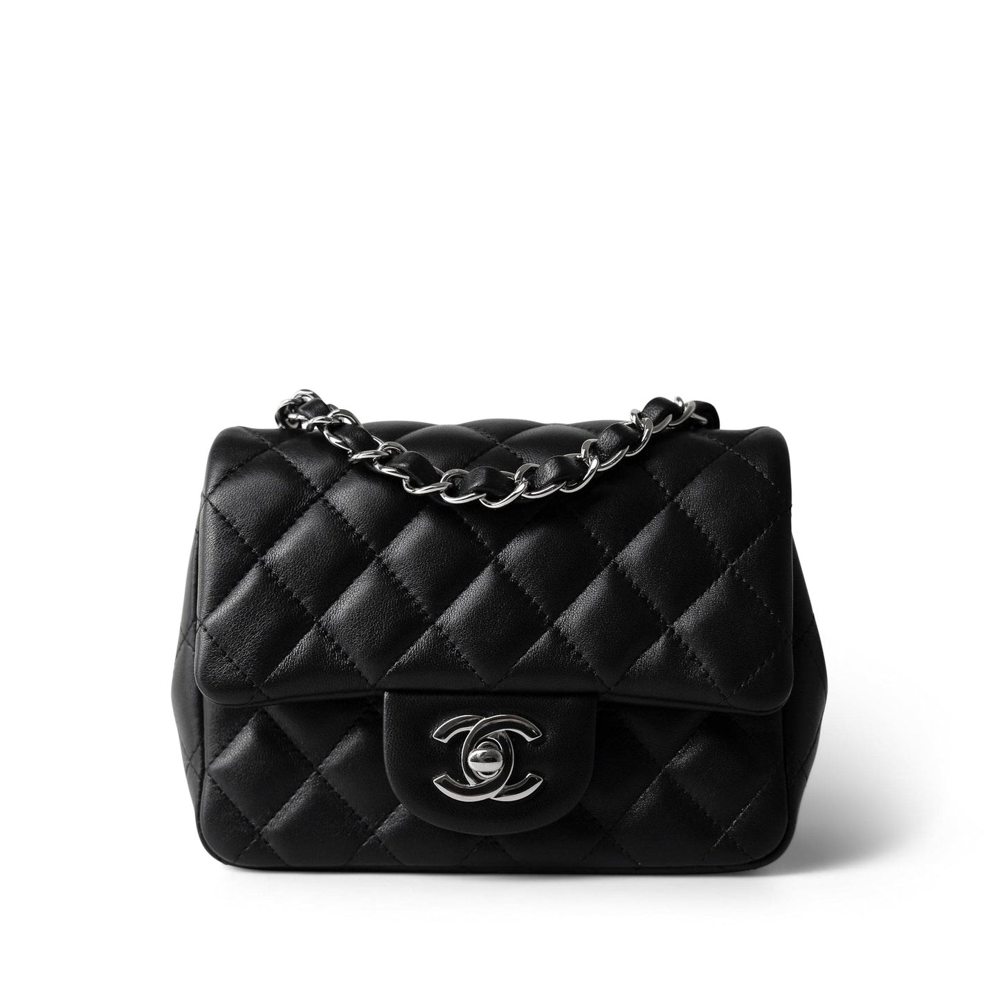 Black Lambskin Quilted Mini Square Flap Silver Hardware