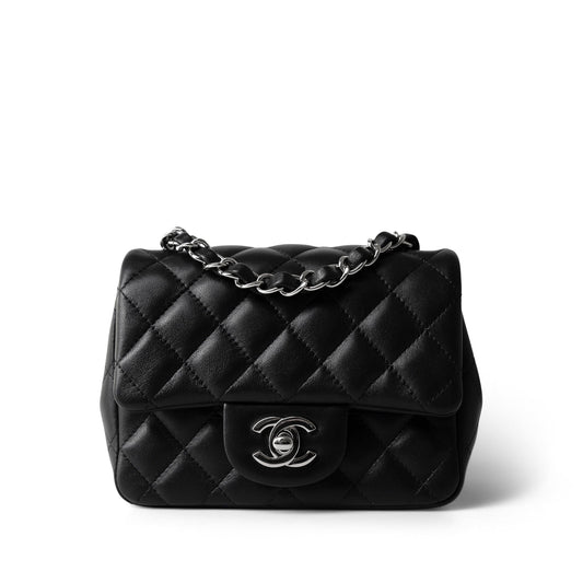 Black Lambskin Quilted Mini Square Flap Silver Hardware