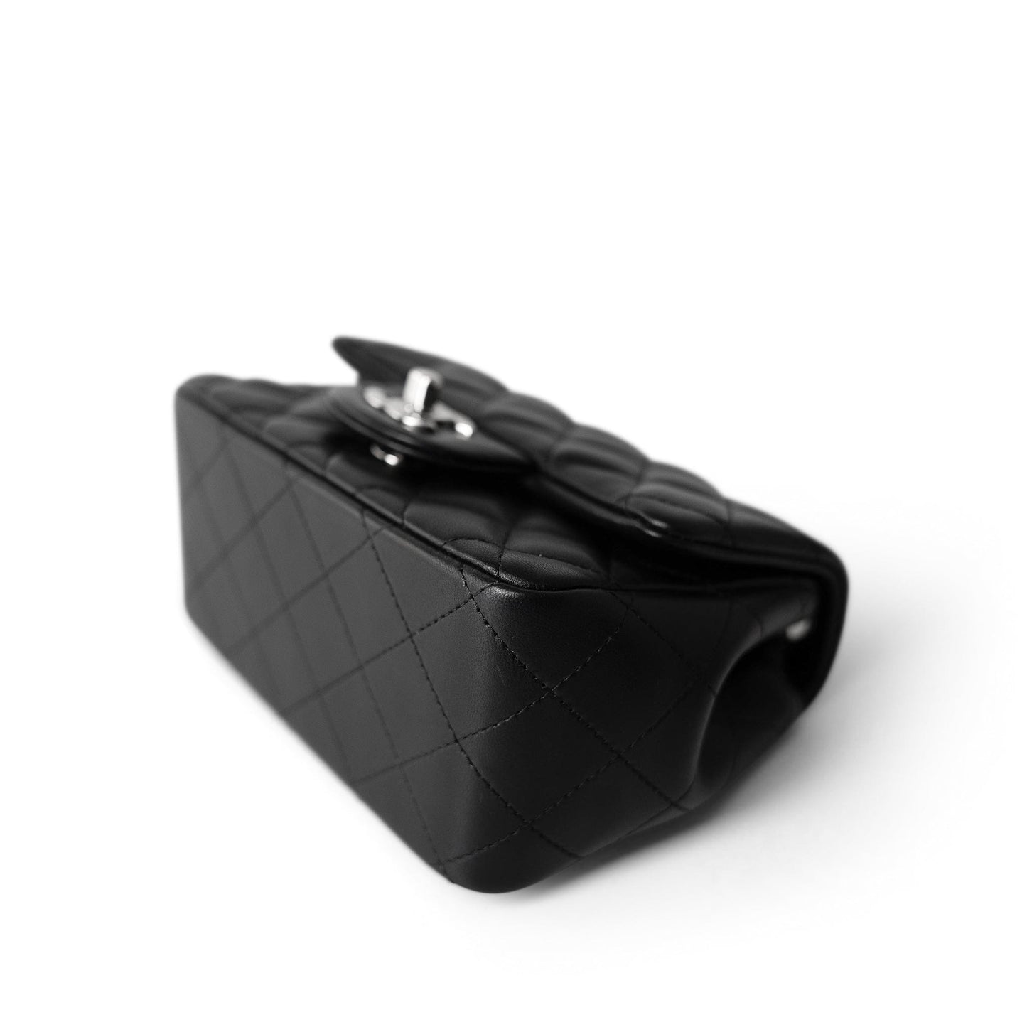 Black Lambskin Quilted Mini Square Flap Silver Hardware