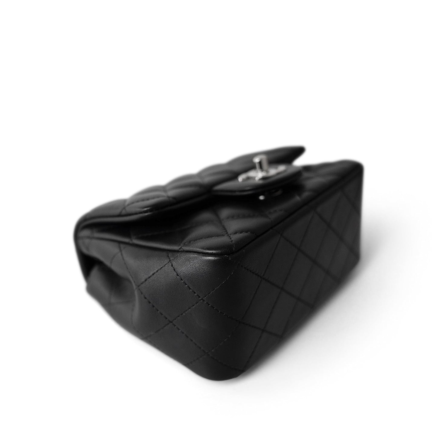 Black Lambskin Quilted Mini Square Flap Silver Hardware
