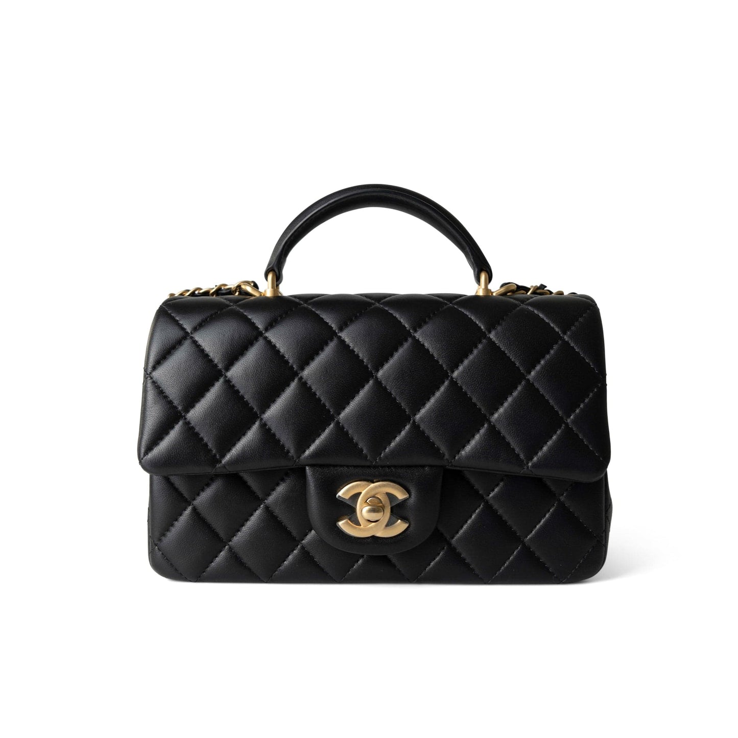 Black Lambskin Quilted Mini Top Handle Antique Gold Hardware