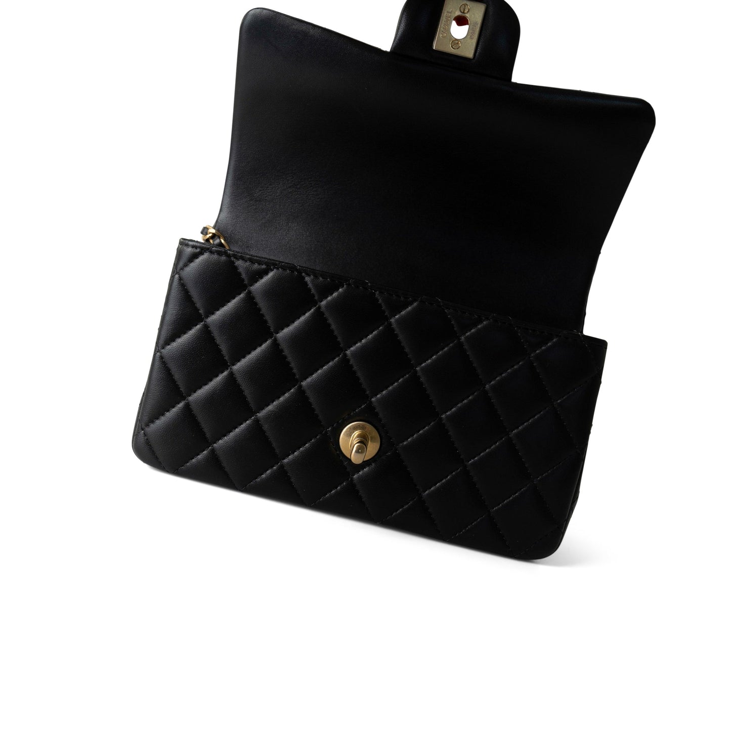 Black Lambskin Quilted Mini Top Handle Antique Gold Hardware