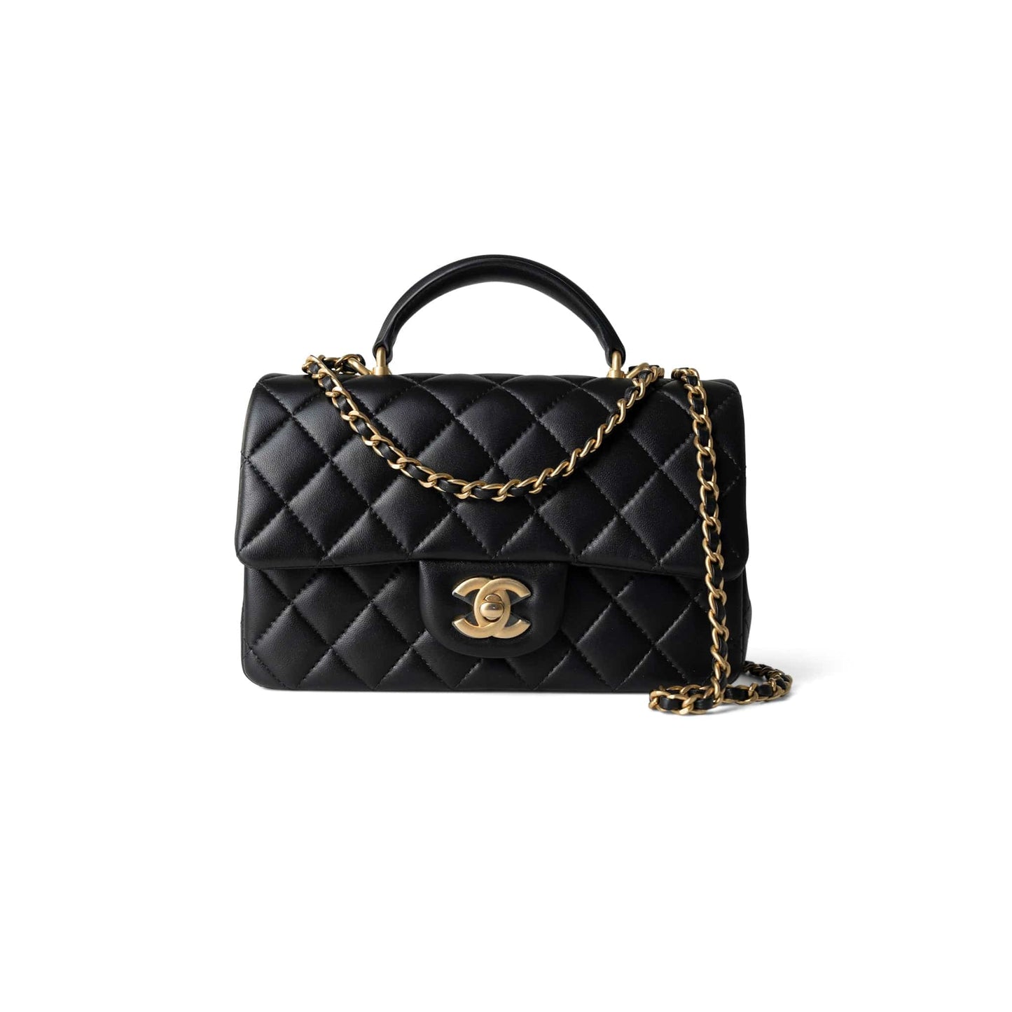 Black Lambskin Quilted Mini Top Handle Antique Gold Hardware