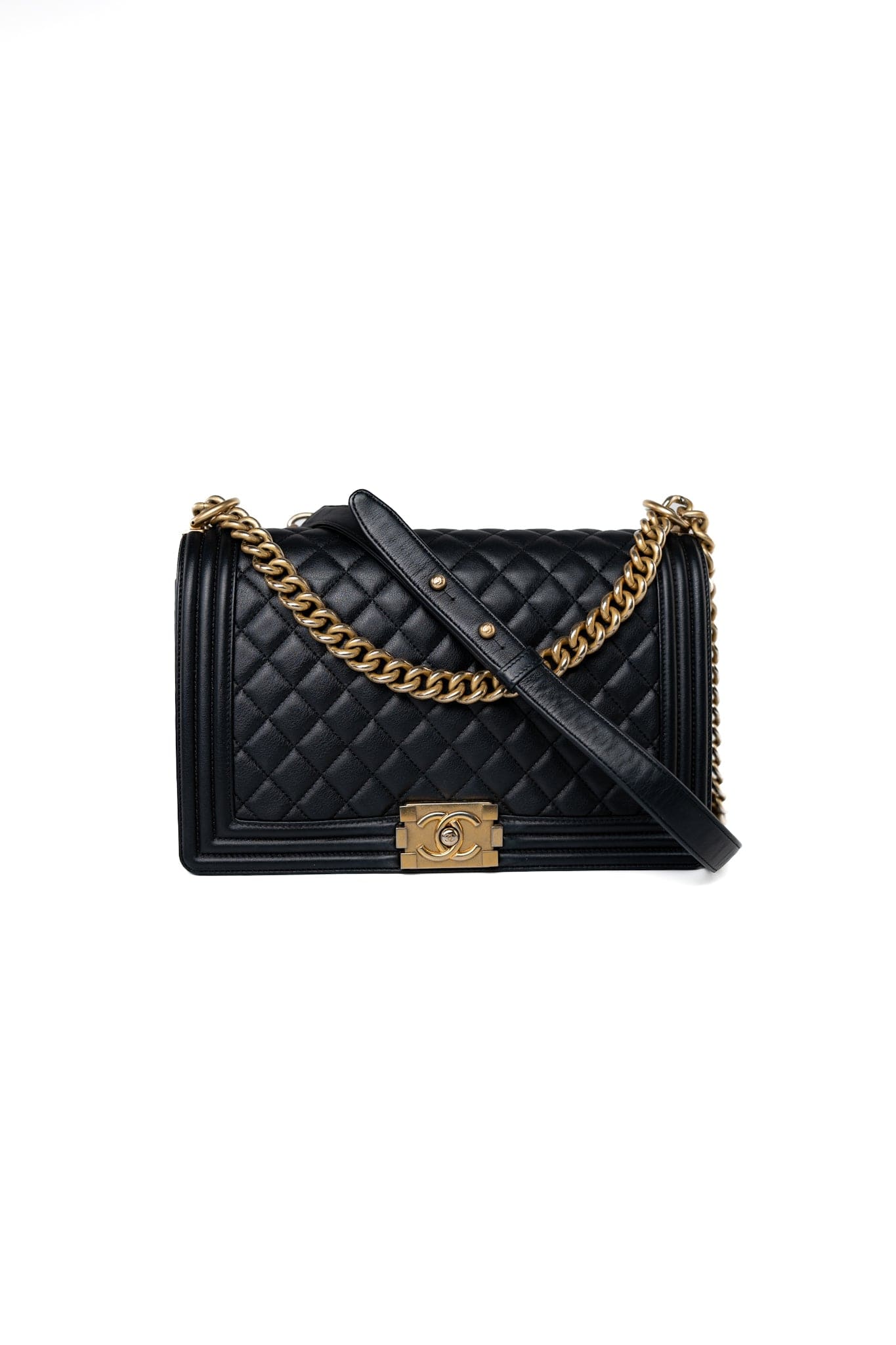 Black Lambskin Quilted New Medium Boy Bag Aged Gold Hardware