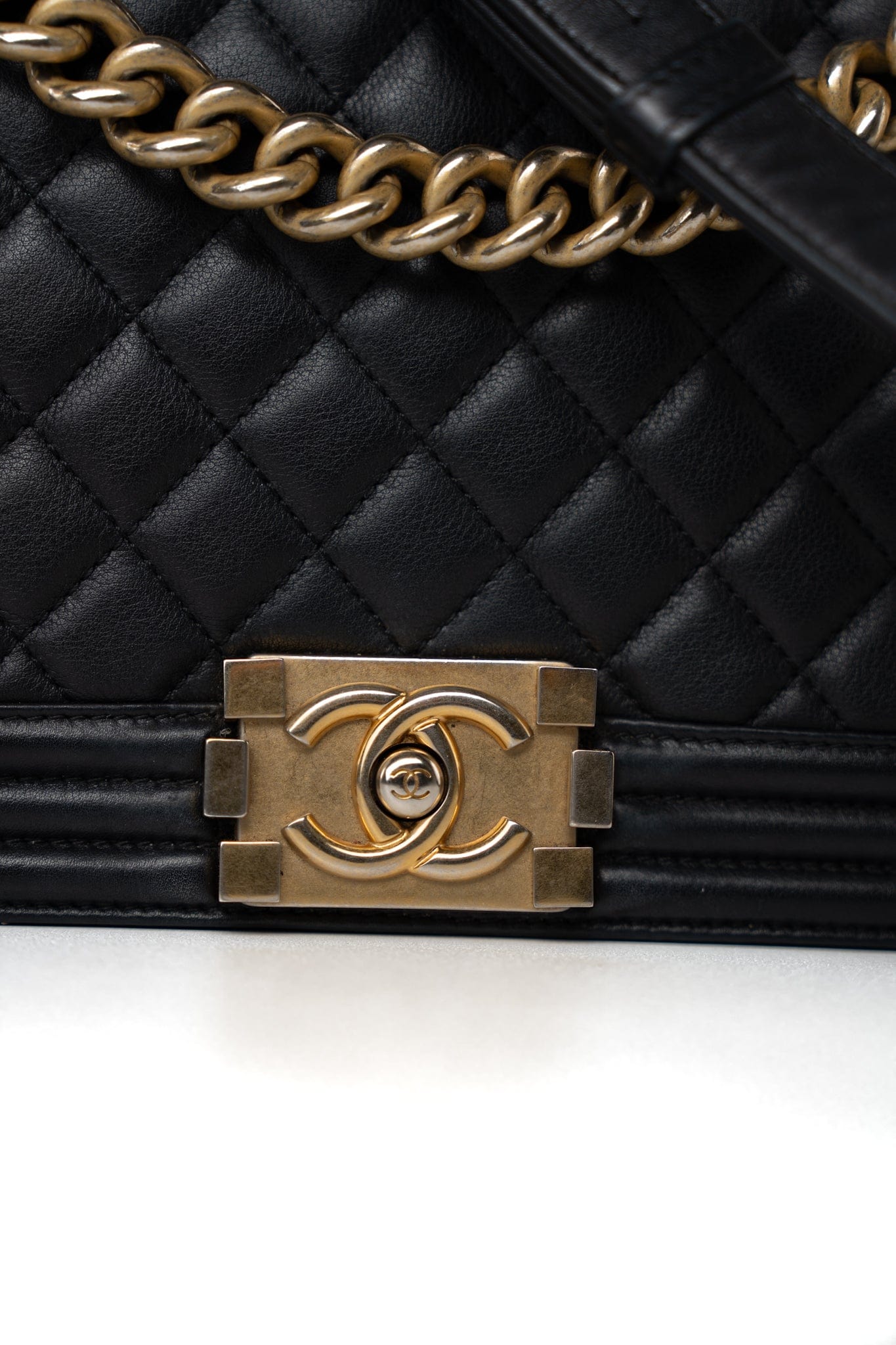 Black Lambskin Quilted New Medium Boy Bag Aged Gold Hardware