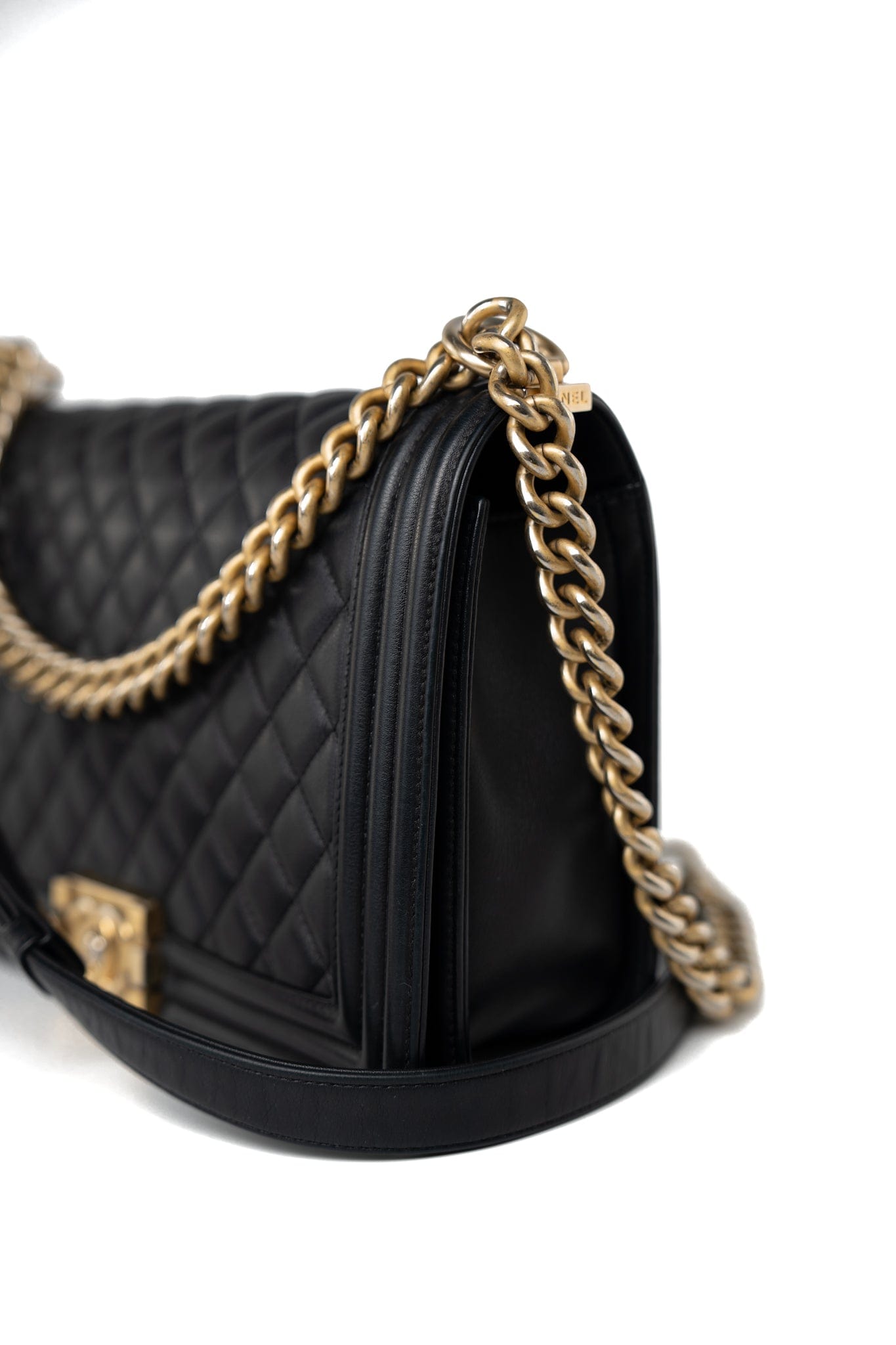 Black Lambskin Quilted New Medium Boy Bag Aged Gold Hardware