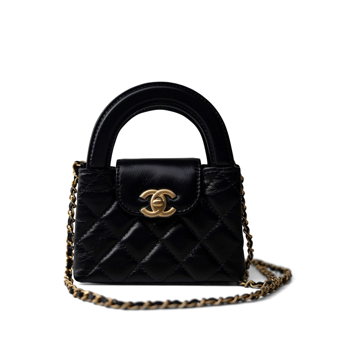 Black Shiny Aged Calfskin Nano Kelly Mini Shopper