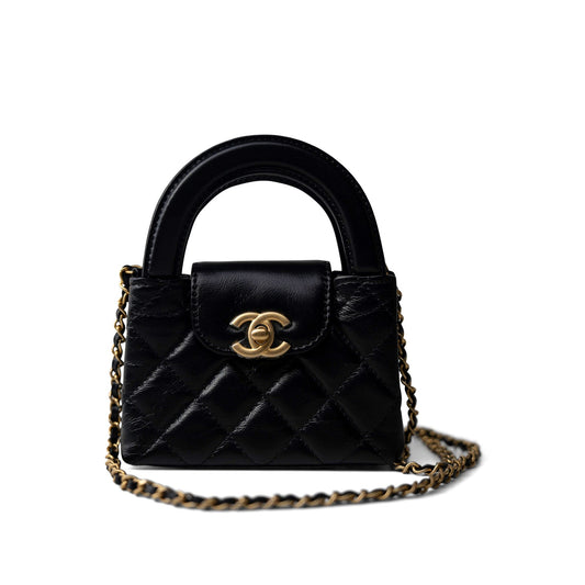 Black Shiny Aged Calfskin Nano Kelly Mini Shopper