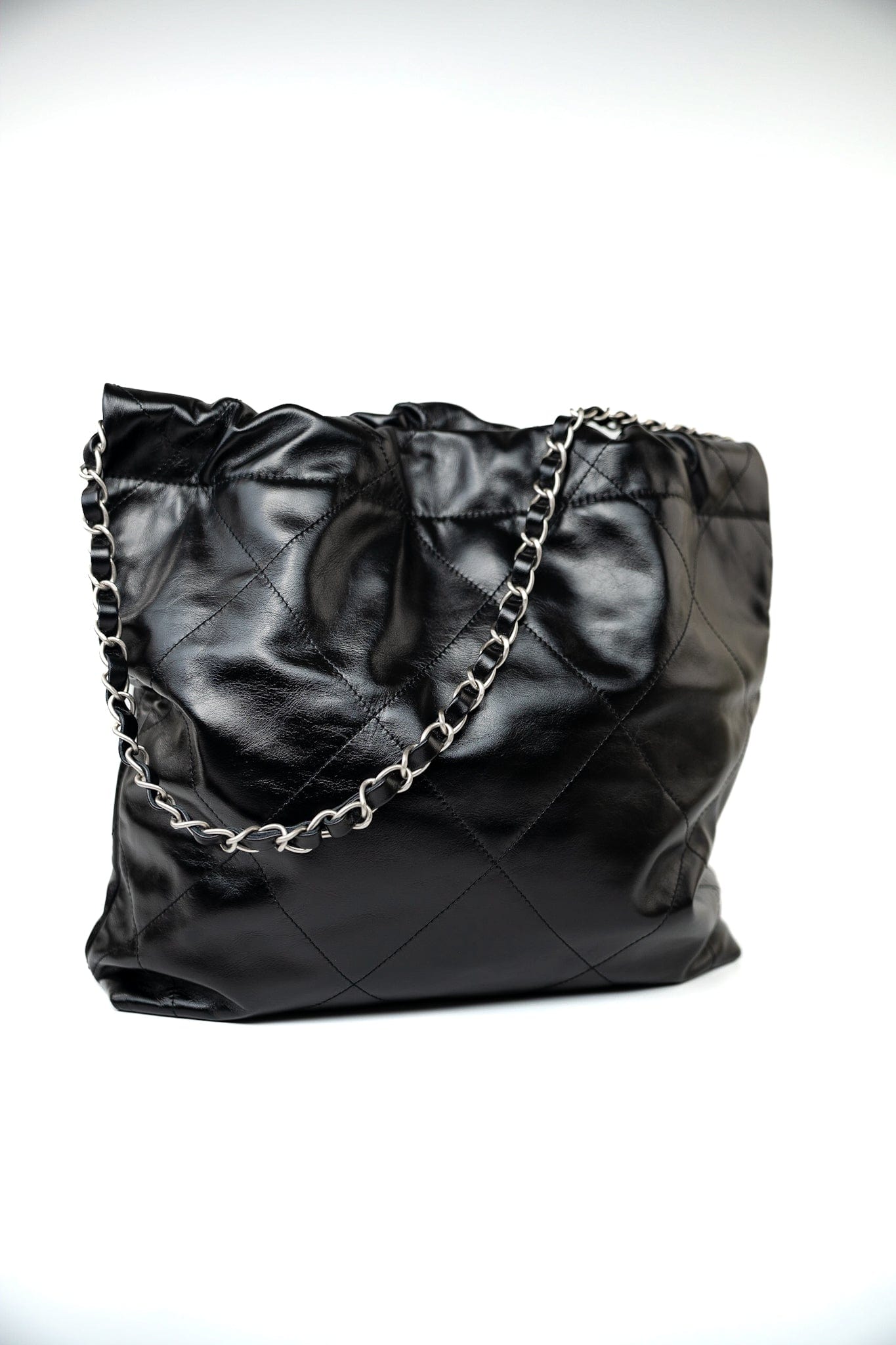 Black Calfskin Quilted 22 Bag Small Aged Silver Hardware