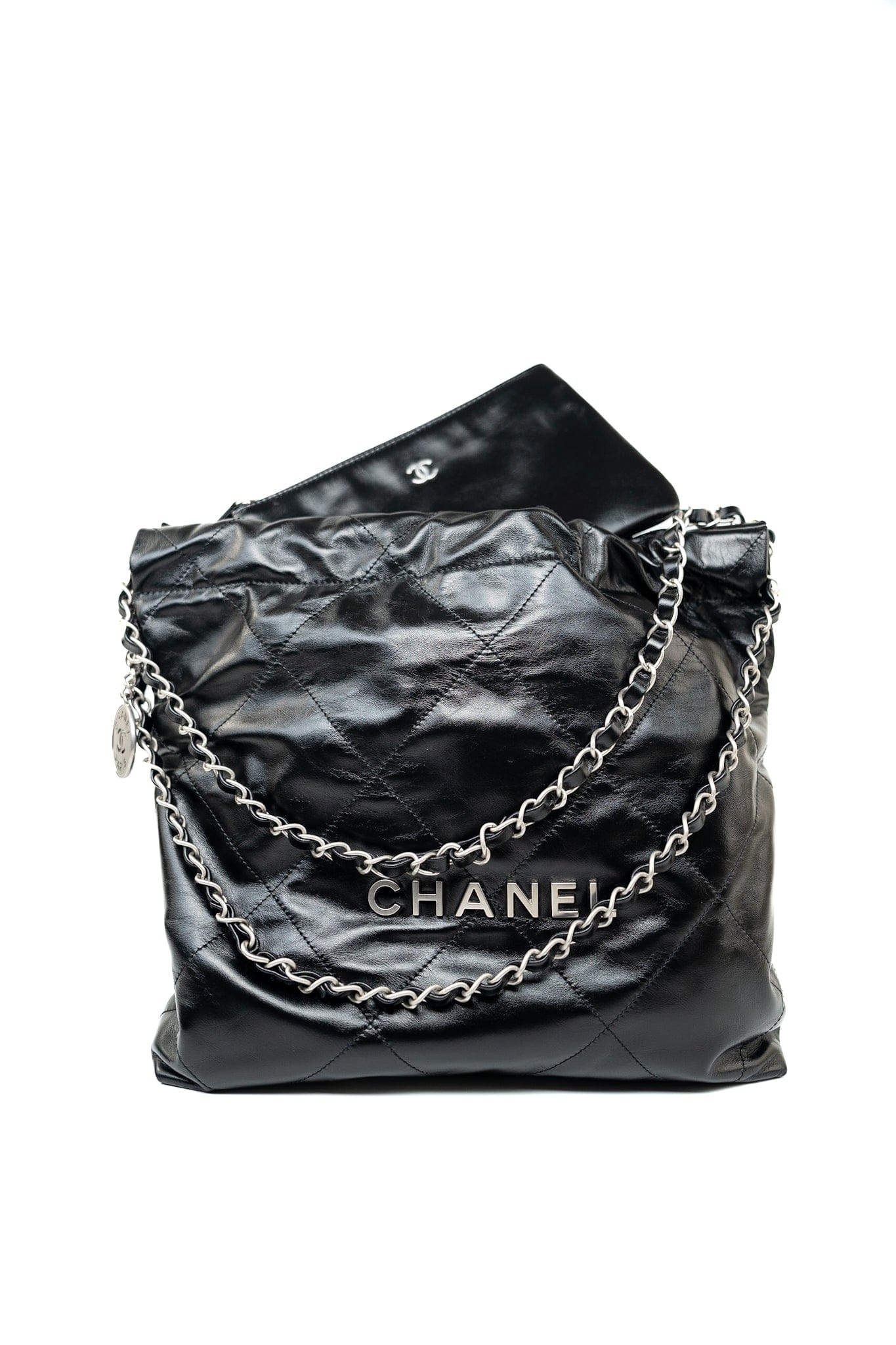 Black Calfskin Quilted 22 Bag Small Aged Silver Hardware