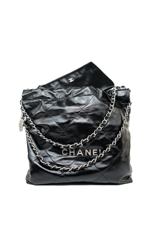 Black Calfskin Quilted 22 Bag Small Aged Silver Hardware