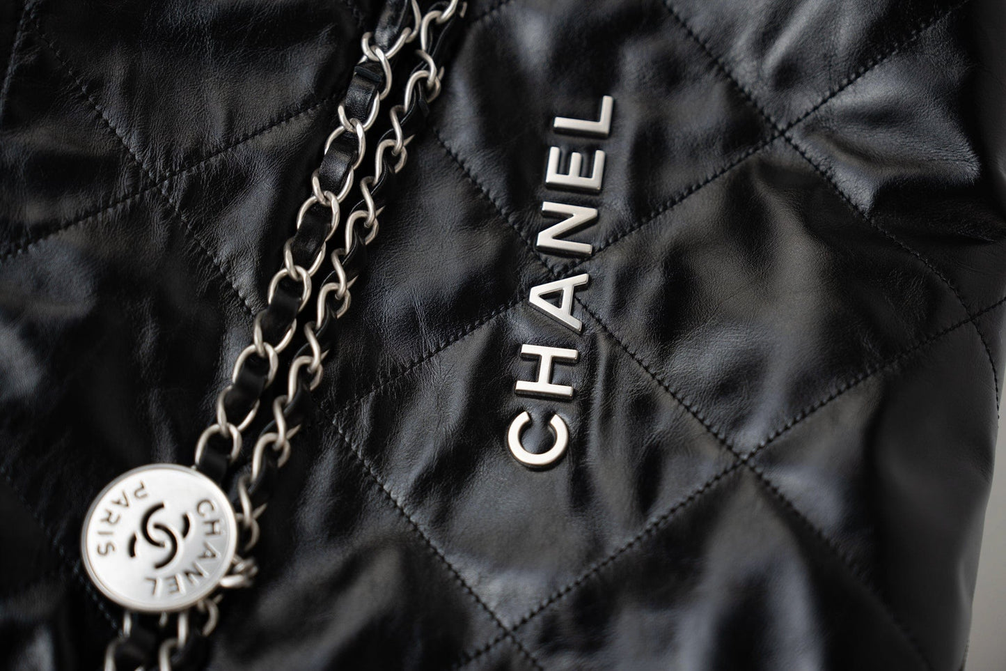 Black Calfskin Quilted 22 Bag Small Aged Silver Hardware