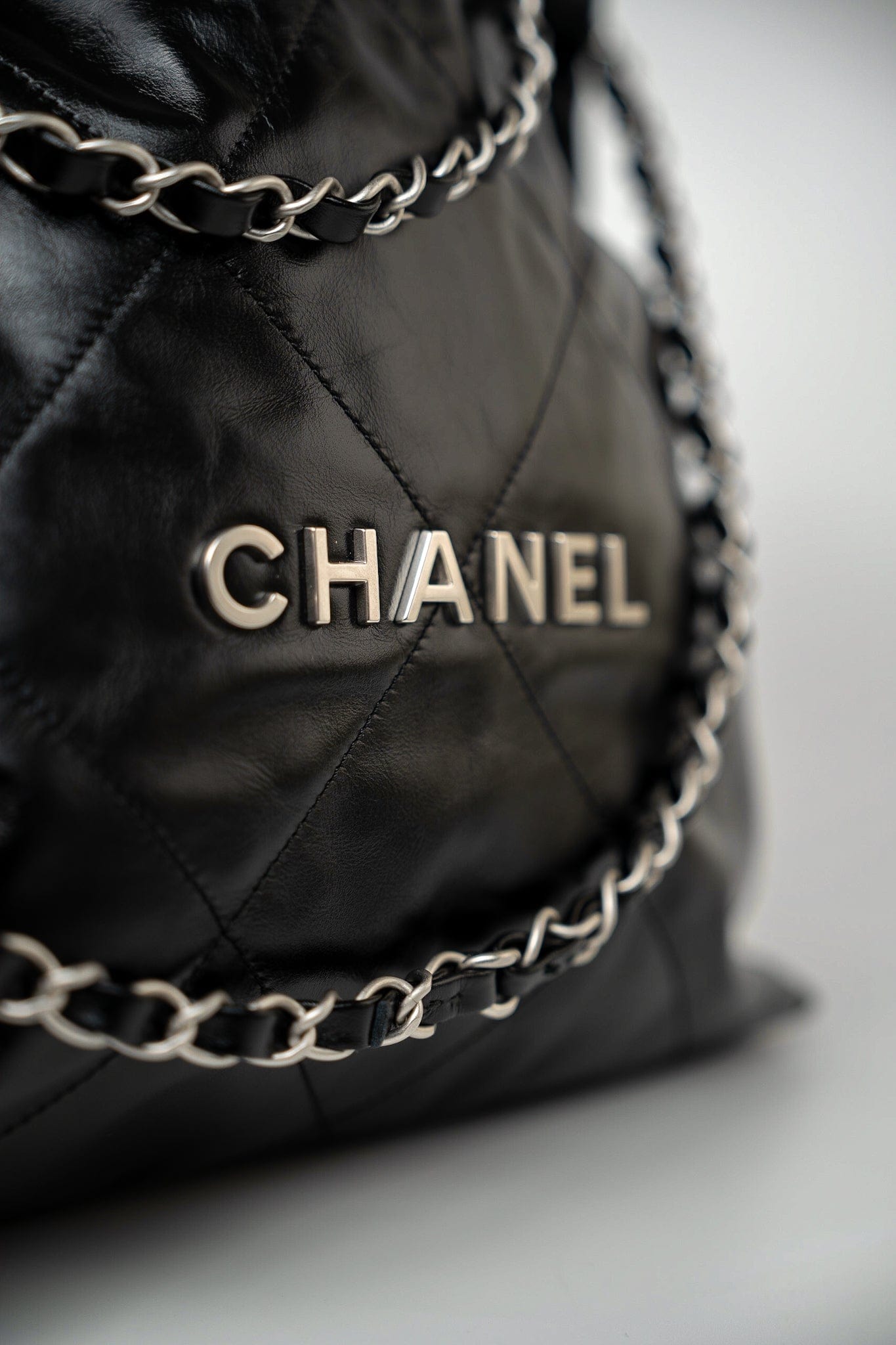 Black Calfskin Quilted 22 Bag Small Aged Silver Hardware