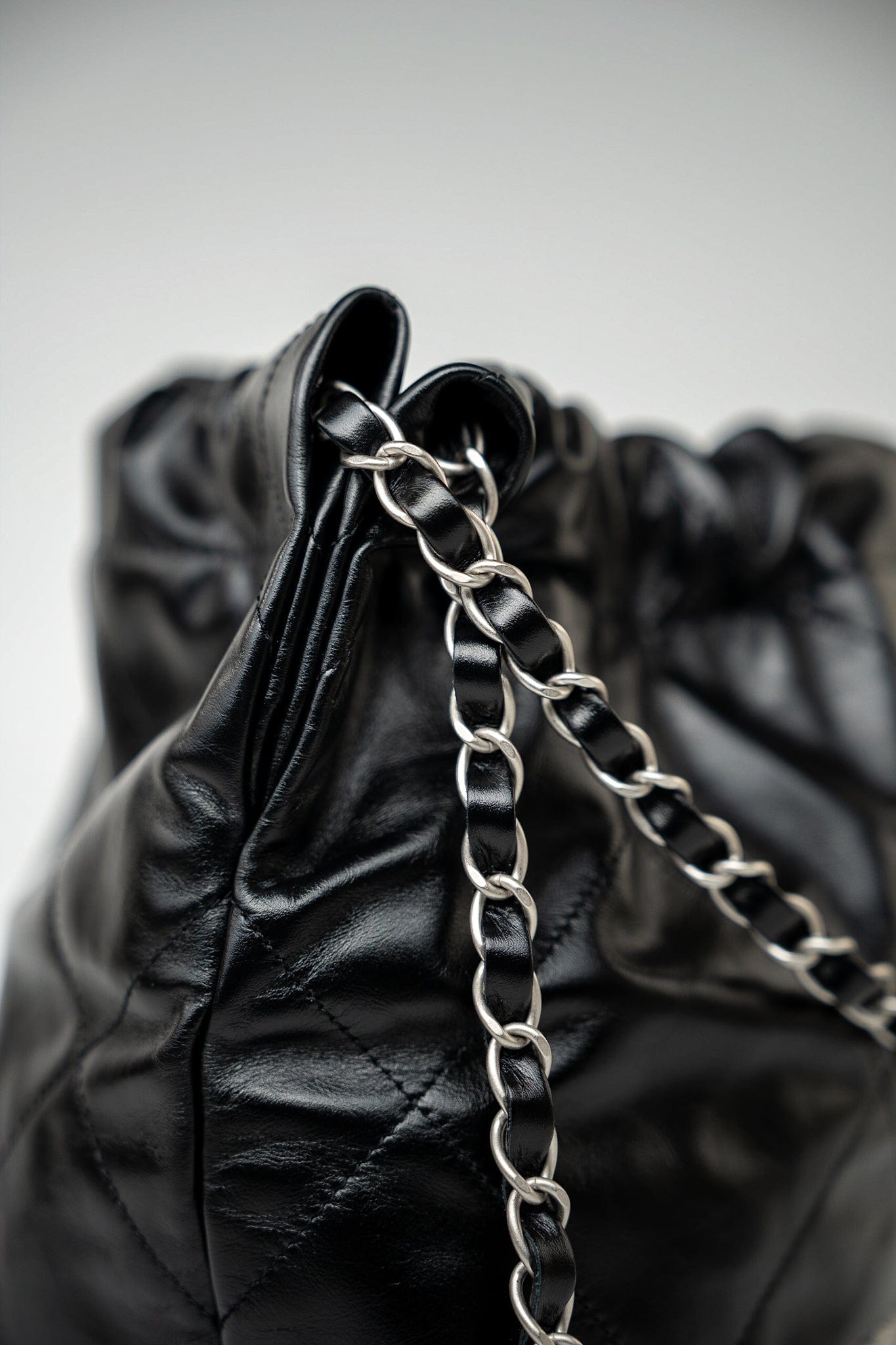 Black Calfskin Quilted 22 Bag Small Aged Silver Hardware