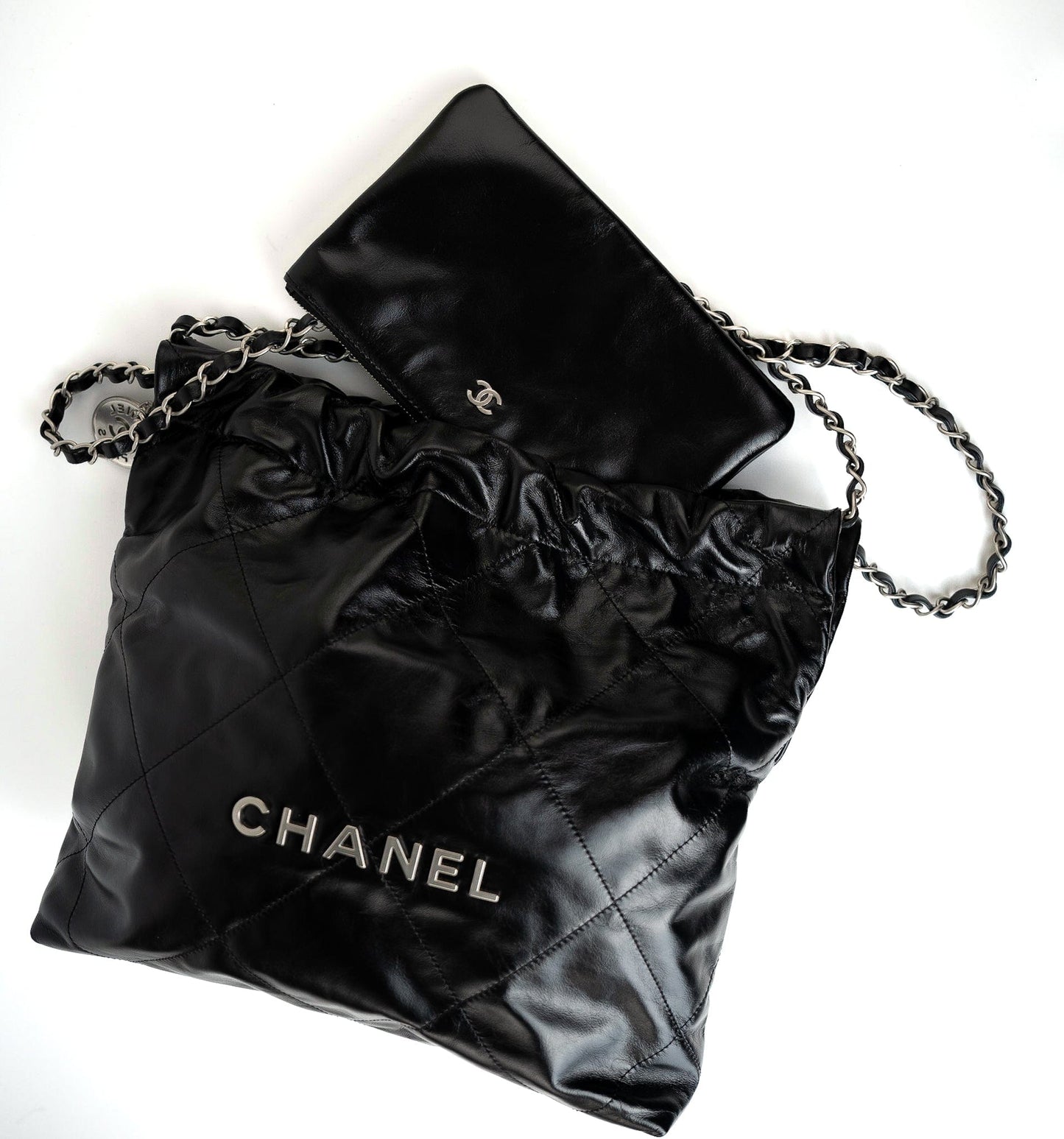 Black Calfskin Quilted 22 Bag Small Aged Silver Hardware