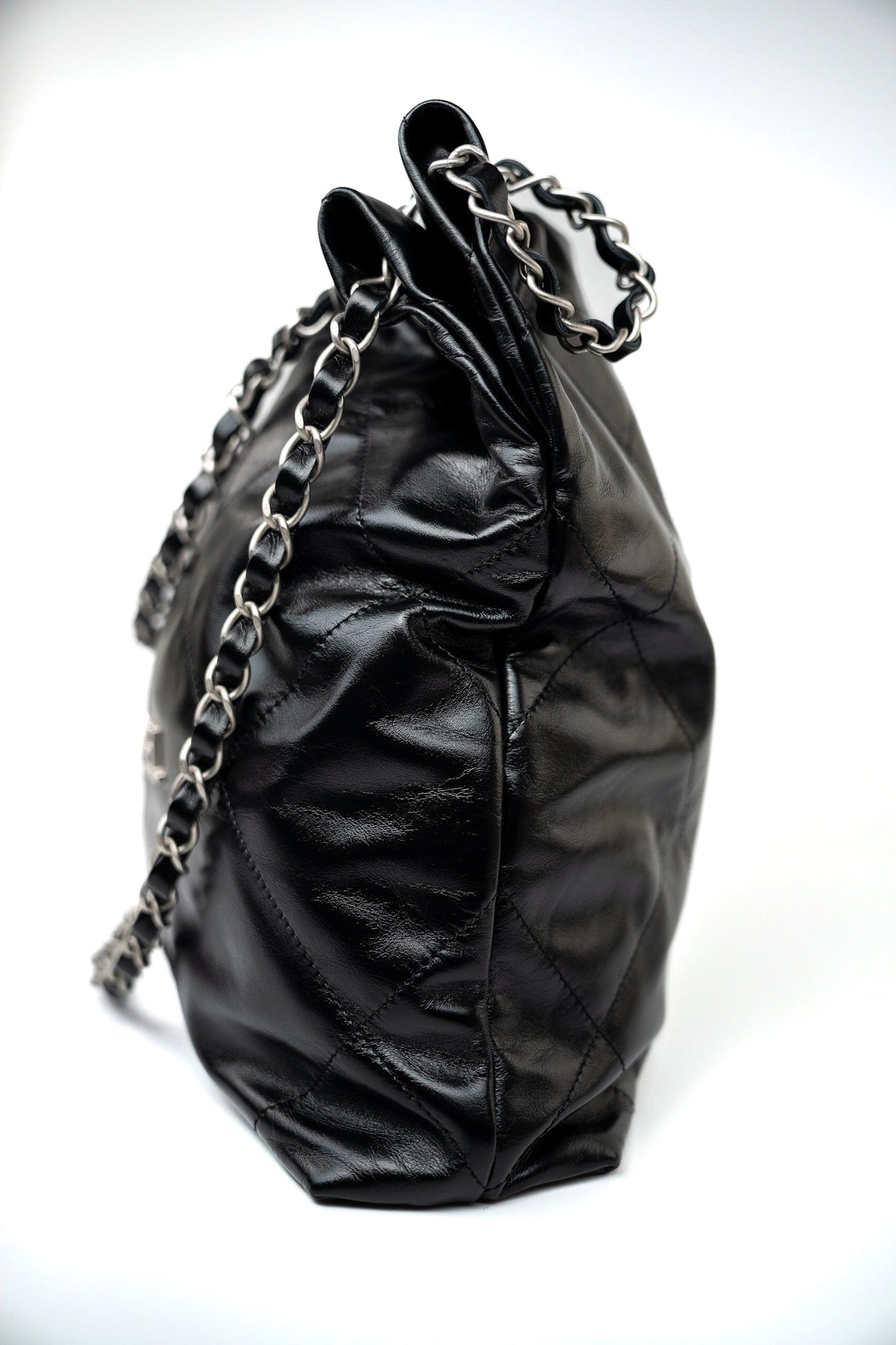 Black Calfskin Quilted 22 Bag Small Aged Silver Hardware