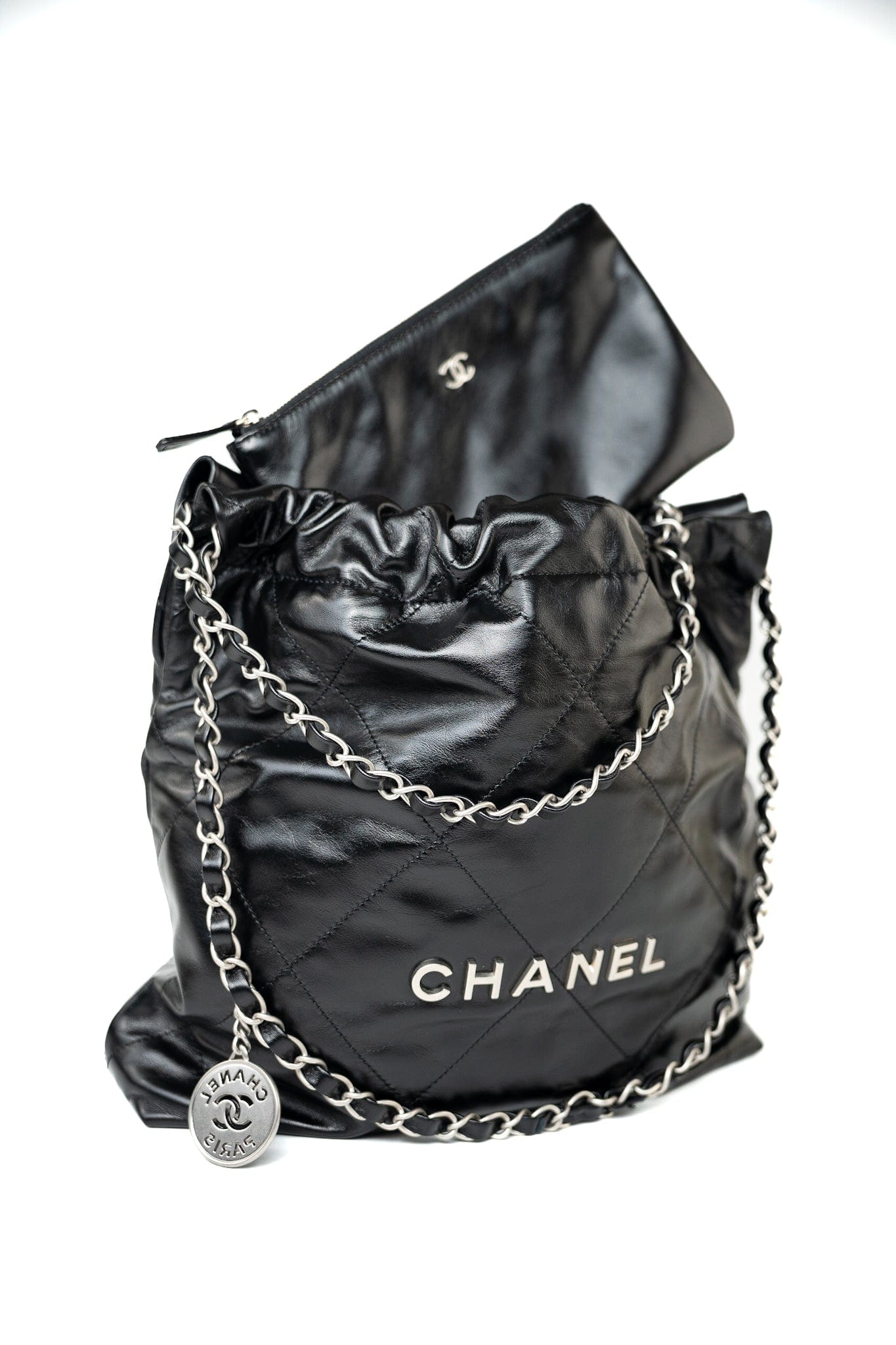 Black Calfskin Quilted 22 Bag Small Aged Silver Hardware