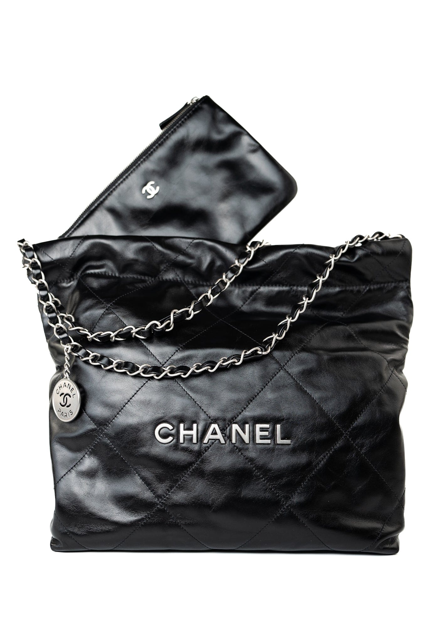 Black Calfskin Quilted Drawstring 22 Bag Small Antique Silver Hardware