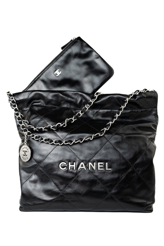 Black Calfskin Quilted Drawstring 22 Bag Small Antique Silver Hardware