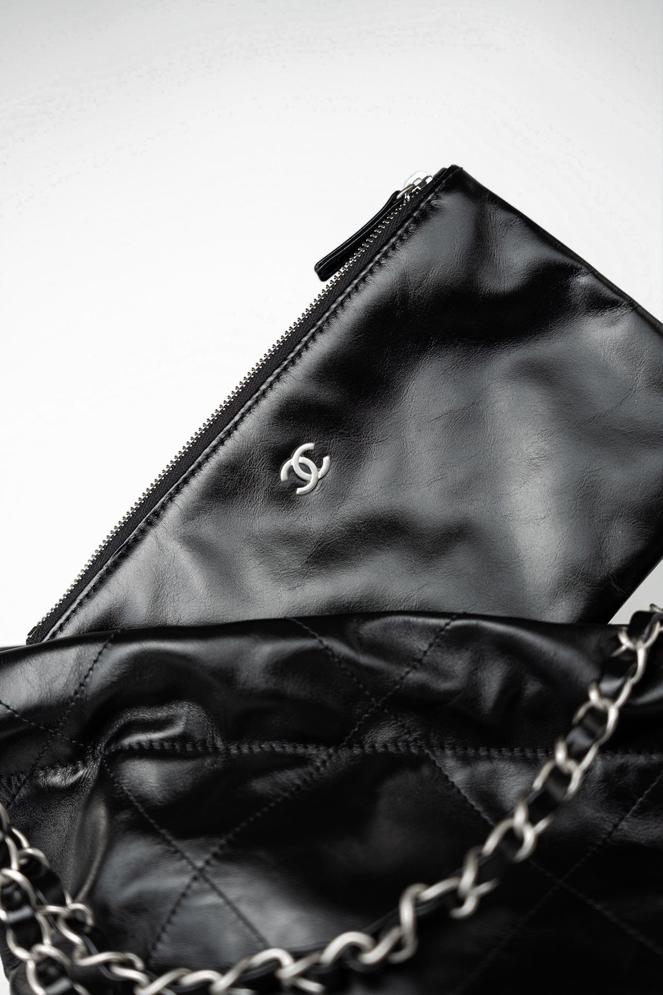 Black Calfskin Quilted Drawstring 22 Bag Small Antique Silver Hardware