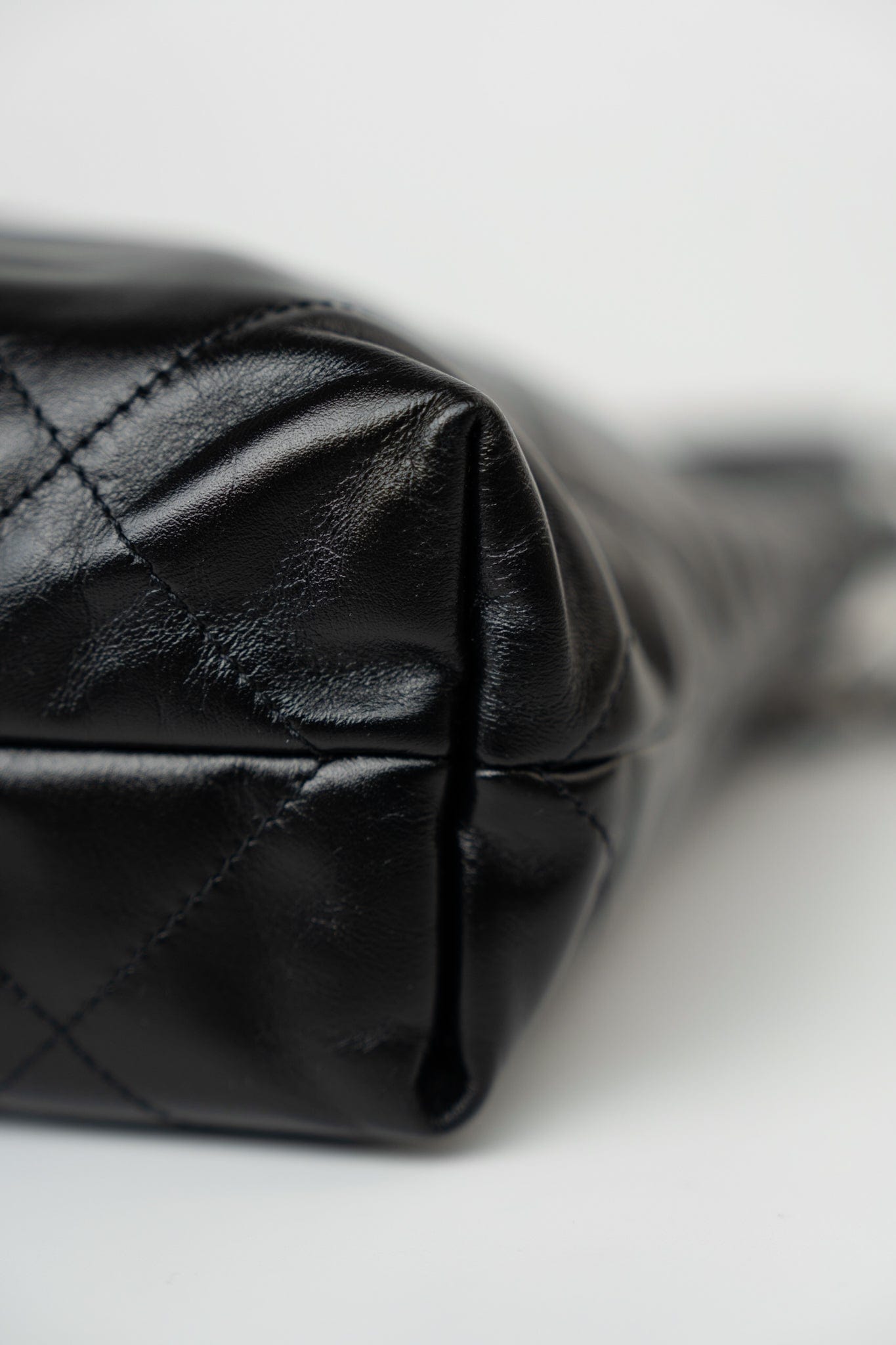 Black Calfskin Quilted Drawstring 22 Bag Small Antique Silver Hardware