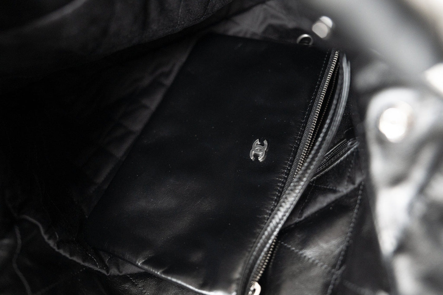 Black Calfskin Quilted Drawstring 22 Bag Small Antique Silver Hardware